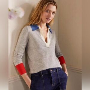 Boden sweater with blue collar and red cuffs, size M